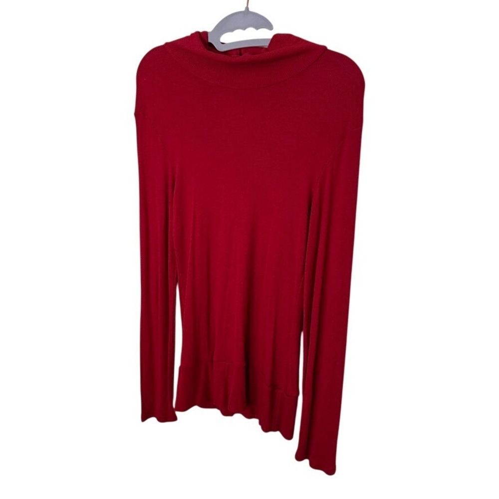 Women's Red Ribbed Knit High Neck Keyhole Back Long Sleeve Top Size Large
